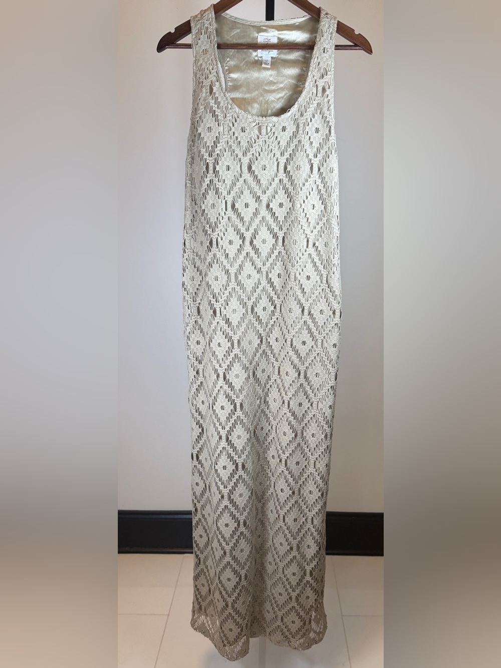 Suzi Chin for Maggy Boutique Beige Crochet Lace Knit Maxi Dress Sz 12